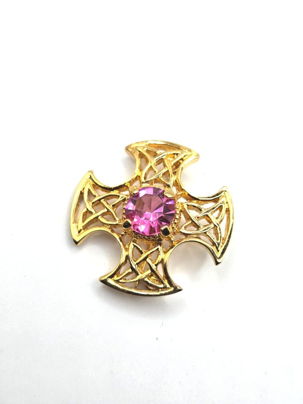 Vintage Scottish Celtic Maltese Cross Brooch Pink Rhinestone Gold Tone Signed